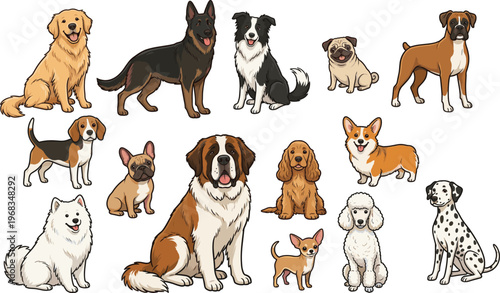 Popular Dog Breeds Collection Vector Illustration, Domestic Pets Set with Golden Retriever German Shepherd and Poodle