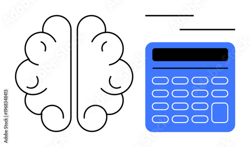 Artificial intelligence, problem solving, computational logic, data science, analytics, technology. Brain and calculator outlined with bold lines. Artificial intelligence and problem solving