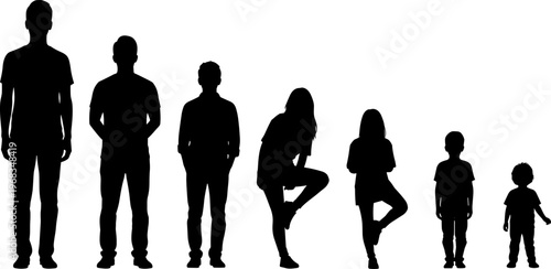 Human growth stages silhouette collection showing man woman teenager and child figures isolated on white background, family life cycle vector illustration