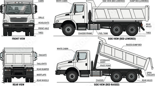 White Dump Truck Vector Illustration with Front Side and Rear Views in Raised and Lowered Positions