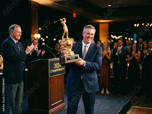 A man celebrates winning a golf championship at an awards ceremony.