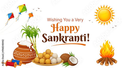 Makar Sankranti Festival Greeting. Happy Traditional Indian Harvest Celebration with Kites, Sweets, Sugarcane, Bonfire.