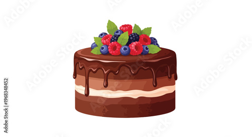 Chocolate cake with chocolate drizzle and mixed berries on top against a plain white background.