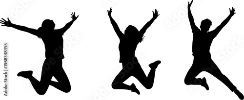 Jumping people silhouettes, happy energetic poses illustration, success freedom concept, joyful men women jumping, celebration moment, black silhouette vector design