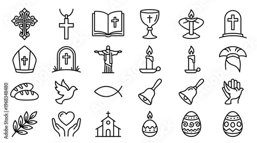 Christian Religious Symbols Icons for Church, Faith, and Spiritual Design. Easter Holiday Worship Graphics Collection.