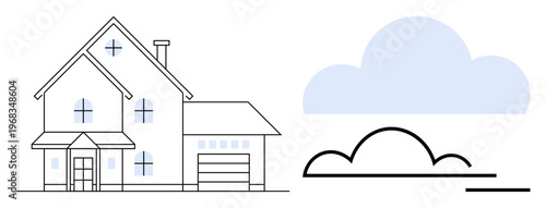 Real estate, homeownership, architecture, property investment, loan financing, weather conditions. A modern two-story house with a garage alongside a stylized cloud. Real estate and homeownership