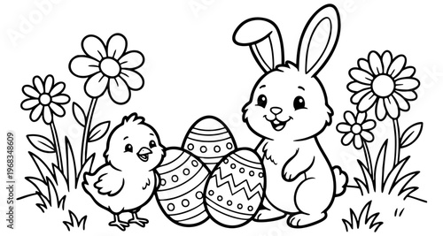 bunny painting easter egg and some flowers, coloring page ready to print on standard 8.5x11 inch paper. eps file.
