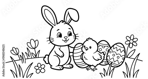 bunny painting easter egg and some flowers, coloring page ready to print on standard 8.5x11 inch paper. eps file.