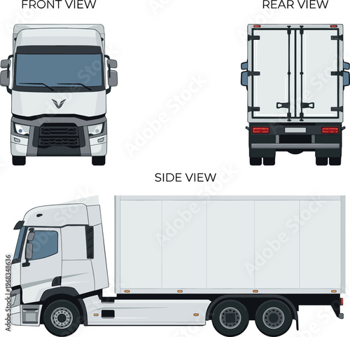White Box Truck Vector Illustration with Front Side and Rear View Orthographic Blueprint Perspectives
