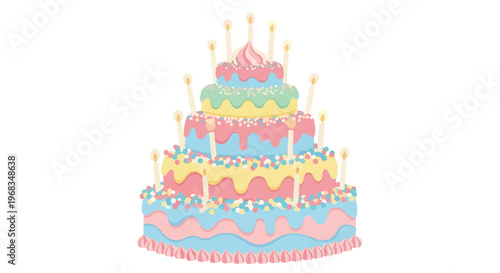 A colorful, multi-tiered birthday cake with pastel pink, blue, and yellow frosting and lit candles on a plain white background.