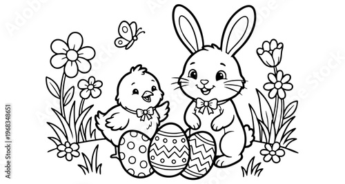 bunny painting easter egg and some flowers, coloring page ready to print on standard 8.5x11 inch paper. eps file.