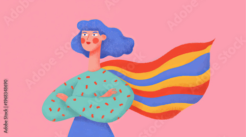 Young woman with flowing hair expressing identity and freedom in soft modern vector illustration celebrating individuality and Pride Month spirit
