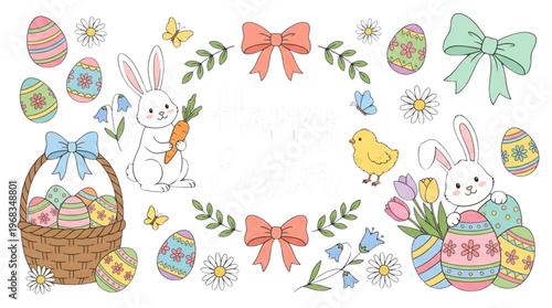 Easter Bunny, Eggs, Chick, Tulips Basket Festive Spring Holiday Design for Greeting Cards, Website Banners, Social Media Posts