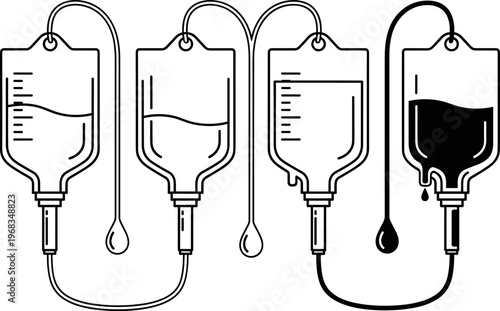 IV drip bag medical set, blood transfusion and saline infusion illustration, hospital equipment line art, healthcare treatment concept, vector outline design