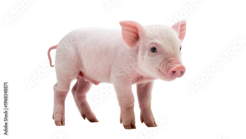 Foto Adorable pink baby piglet standing attentively with curled tail looking forward