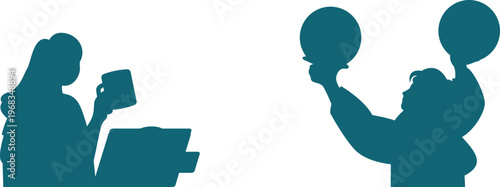 Two people engaging in different activities with one using a smartphone and the other holding large speech bubbles