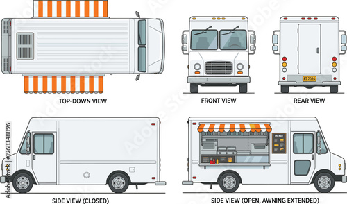 White Food Truck Vector Illustration with Top Front Rear and Side View Open Closed Perspectives