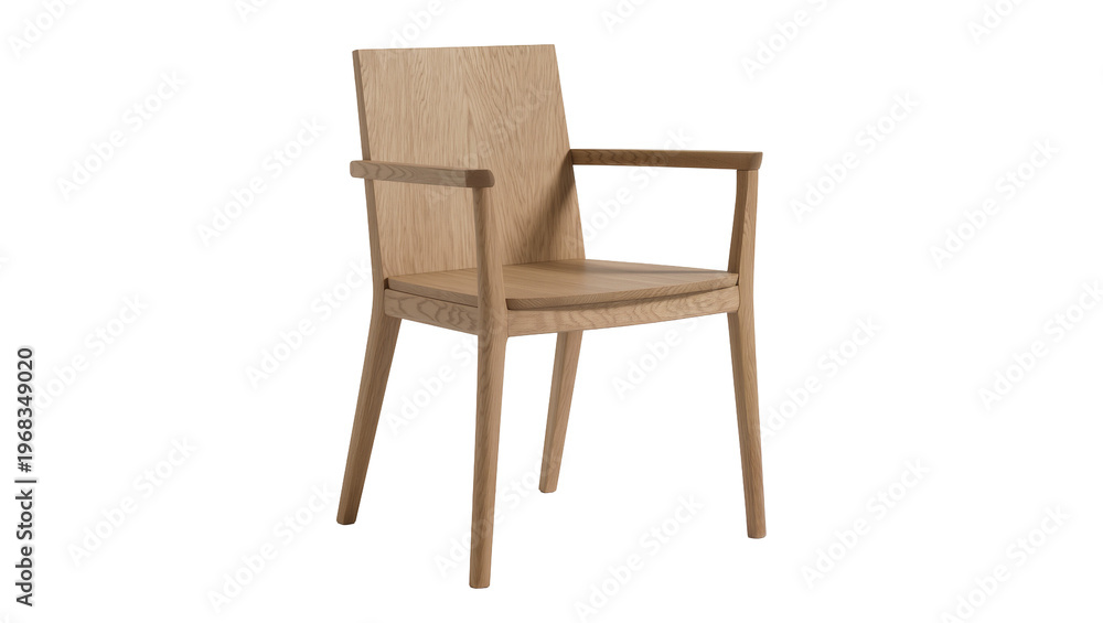 Obraz premium Modern wooden armchair with straight armrests and a rectangular back, isolated on transparent background for interior design and furniture catalogs