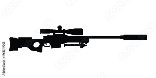 Tactical Precision Sniper Rifle Silhouette Featuring Scope Suppressor and Bipod Isolated