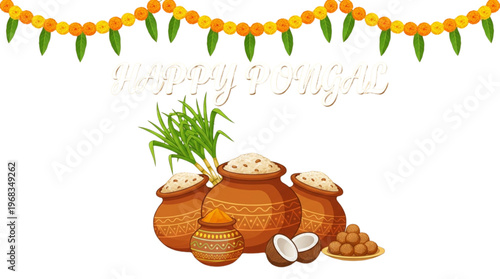 Happy Pongal Harvest Festival Celebration with Traditional Pots Sugarcane Sweets for Indian Cultural Greetings Marketing