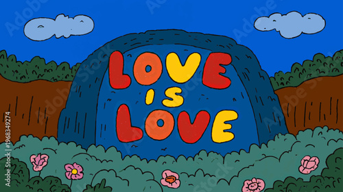 Colorful rainbow landscape with “love is love” message in playful vector style celebrating LGBTQ Pride, inclusivity, joy, and acceptance