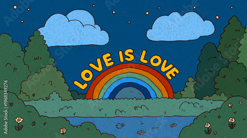 Colorful rainbow landscape with “love is love” message in playful vector style celebrating LGBTQ Pride, inclusivity, joy, and acceptance