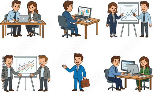Business People Cartoon Characters Working in Office Environment with Charts and Presentations Vector Set