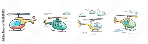 Cute hand-drawn helicopter icons flying in the sky with clouds for travel and transport themes.
