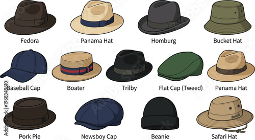 Men Hat Styles Vector Collection Including Fedora Panama Beanie and Baseball Cap