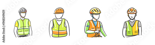 Cyclists wearing safety helmets and reflective vests in a hand-drawn vector style.