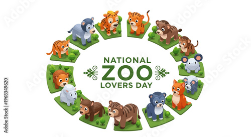 Vector illustration celebrating National Zoo Lovers Day, featuring a delightful arrangement of cartoon zoo animals like tigers, bears, and wolves, arranged in a circle on green platforms