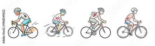 Cyclist with road rash after a bicycle accident, depicted in four sequential stages.