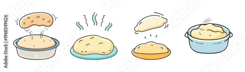 Hand-drawn illustrations of dough rising in bowls and on plates.