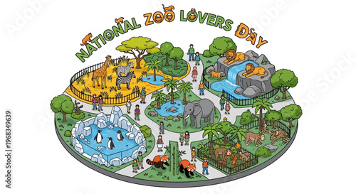 Overhead vector illustration of a zoo park environment featuring zoo animals in enclosures and people viewing wildlife, with a vibrant color palette to promote animal care awareness
