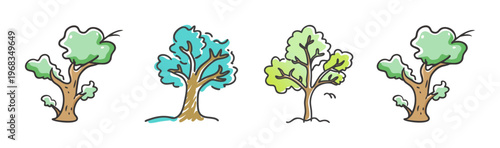 Four stylized cartoon trees with green foliage and brown trunks