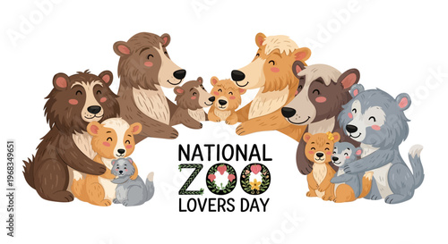 Charming vector illustration celebrating National Zoo Lovers Day, showcasing diverse cartoon animal families hugging with affection against a clean white backdrop, creating a heartwarming