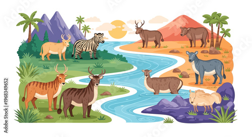 Illustrated animals enjoying a vibrant wildlife conservation zoo environment, set against a backdrop of lush greenery, mountains, and a winding river, symbolizing animal care awareness