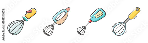 Set of four cartoon hand-held electric egg beaters and whisks for cooking.