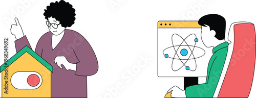 A teacher explaining atomic structure to a student during a virtual science lesson with a podium and screen showing an atom model