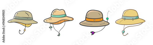 Collection of four cartoon fishing hats with drawstrings and hooks, for sun protection.