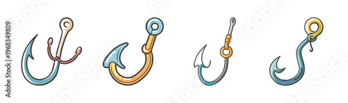 Assortment of four illustrated fishing hooks, including treble and single types.