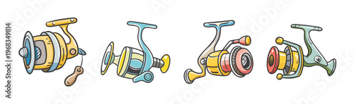 Collection of four cartoon fishing reels, isolated on white background.