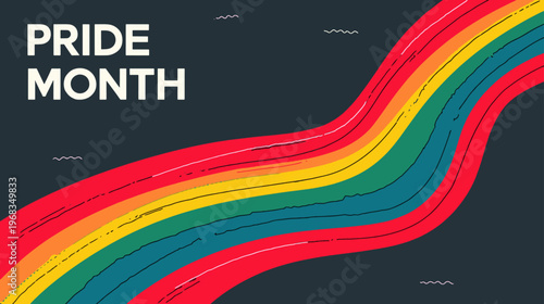 Minimalist Pride Month banner with flowing rainbow waves in modern vector style, clean background design for inclusive branding and campaigns