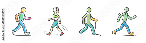 Four stylized figures in active poses, representing fitness walking and exercise.
