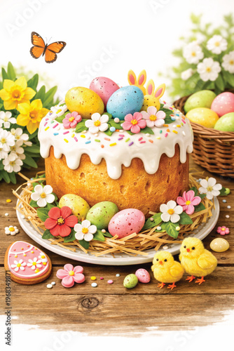 Easter cake with eggs and flowers