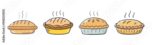 Four freshly baked pies with golden crusts and steam rising, a delightful bakery illustration