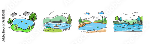 Charming hand-drawn freshwater lake scenes with trees, mountains, and clouds