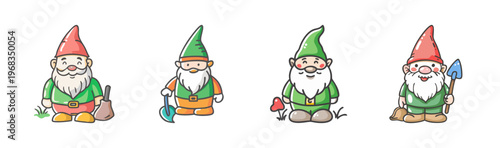 Four cute garden gnomes with beards, hats, and tools, illustrated in a whimsical style.