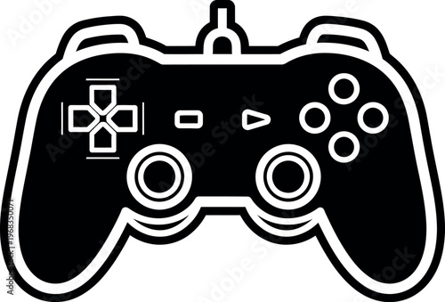 A black and white illustration of a modern video game controller