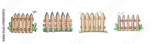 Wooden garden fences with green grass, hand-drawn illustration style.